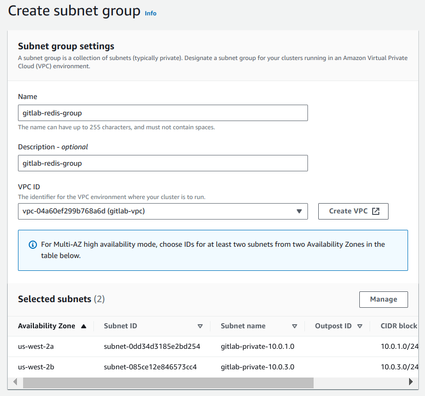 Create a subnet group